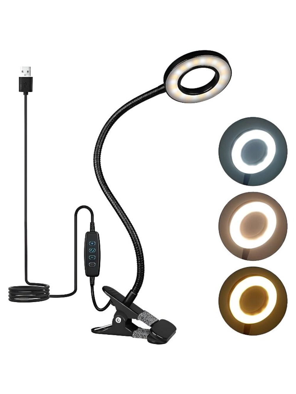 Desk Lamp Clip on Light, 48 LED USB Clip Ring Light w/ 3 Color Modes 10 Dimmable